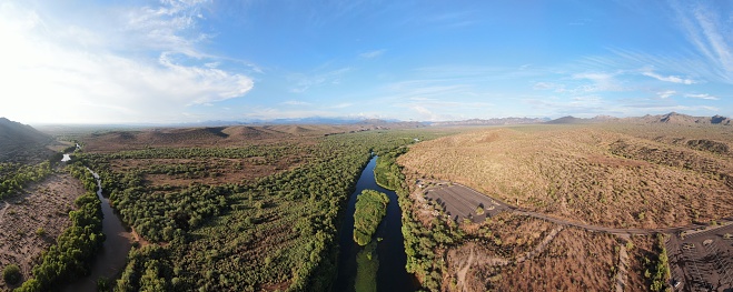 Aerial panorama over the Phon D. Sutton Recreation area on the Lower Salt River, just outside of Mesa, Arizona.