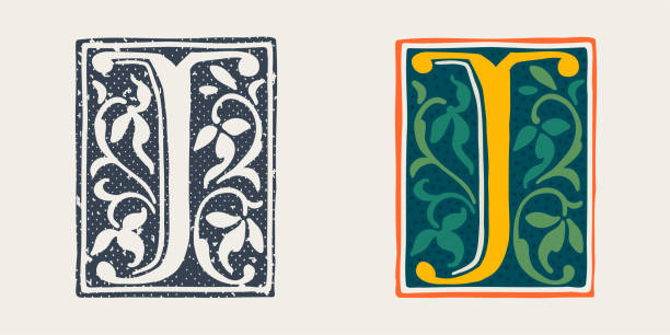 J letter logo in medieval gothic style. Set of dim colored and monochrome grunge style emblems. Engraved initial drop cap. Perfect for vintage premium identity, Middle Ages posters, luxury packaging. clip art of illuminated letter a stock illustrations