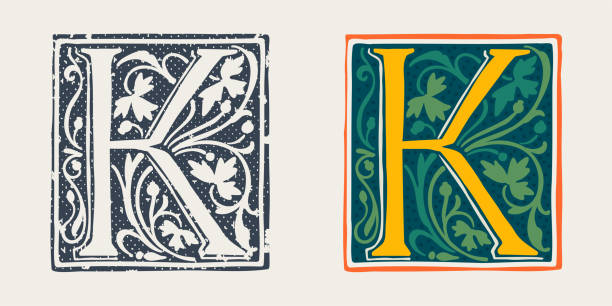 K letter logo in medieval gothic style. Set of dim colored and monochrome grunge style emblems. Engraved initial drop cap. Perfect for vintage premium identity, Middle Ages posters, luxury packaging. clip art of illuminated letter a stock illustrations