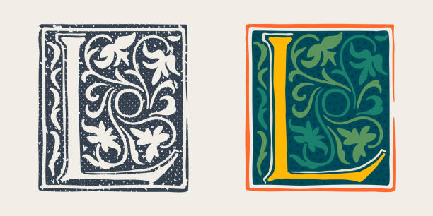 L letter logo in medieval gothic style. Set of dim colored and monochrome grunge style emblems. Engraved initial drop cap. Perfect for vintage premium identity, Middle Ages posters, luxury packaging. clip art of illuminated letter a stock illustrations