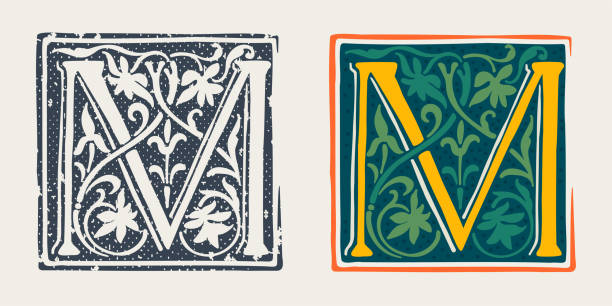 M letter logo in medieval gothic style. Set of dim colored and monochrome grunge style emblems. Engraved initial drop cap. Perfect for vintage premium identity, Middle Ages posters, luxury packaging. clip art of illuminated letter a stock illustrations