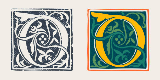 O letter logo in medieval gothic style. Set of dim colored and monochrome grunge style emblems. Engraved initial drop cap. Perfect for vintage premium identity, Middle Ages posters, luxury packaging. clip art of illuminated letter a stock illustrations