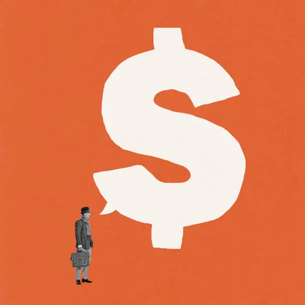 Creative design. Contemporary art collage. Man in official clothes standing near gian dollar sign over orange background. Making profits. Concept of finance, money, commercial system, challenge