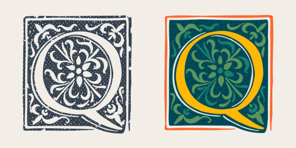 Q letter logo in medieval gothic style. Set of dim colored and monochrome grunge style emblems. Engraved initial drop cap. Perfect for vintage premium identity, Middle Ages posters, luxury packaging. clip art of illuminated letter a stock illustrations