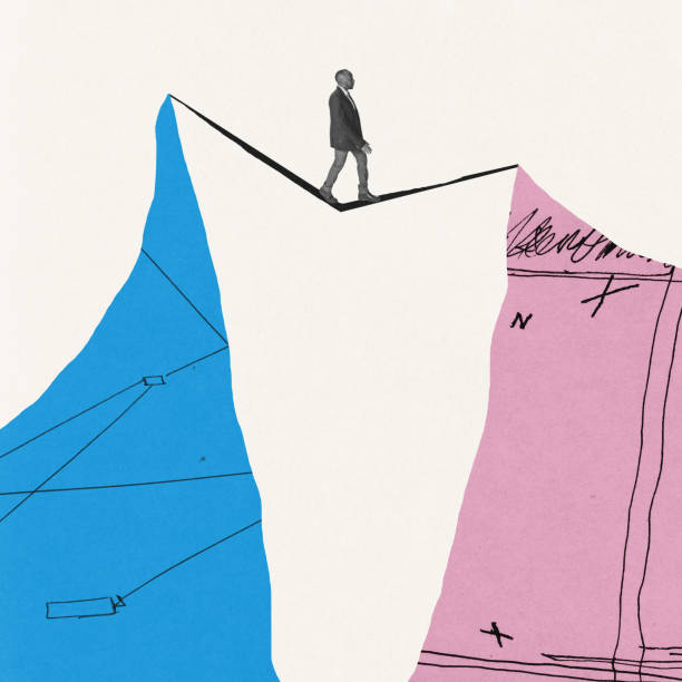 istock Creative design. Contemporary art collage. Businessman moving on tiny rope on cliff symbolizing risky business movements 1433337167