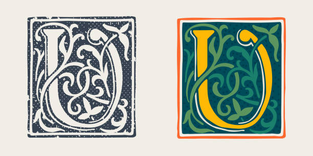 U letter logo in medieval gothic style. Set of dim colored and monochrome grunge style emblems. Engraved initial drop cap. Perfect for vintage premium identity, Middle Ages posters, luxury packaging. clip art of illuminated letter a stock illustrations