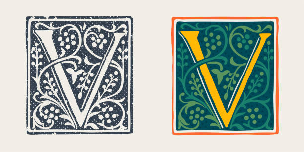 V letter logo in medieval gothic style. Set of dim colored and monochrome grunge style emblems. Engraved initial drop cap. Perfect for vintage premium identity, Middle Ages posters, luxury packaging. clip art of illuminated letter a stock illustrations