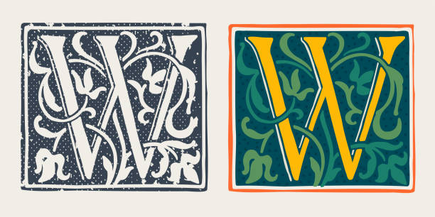 W letter logo in medieval gothic style. Set of dim colored and monochrome grunge style emblems. Engraved initial drop cap. Perfect for vintage premium identity, Middle Ages posters, luxury packaging. clip art of illuminated letter a stock illustrations