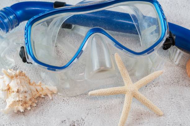 istock Blue snorkel mask with shells on the sand 1433343225