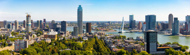 blick von der drohne auf die stadt rotterdam mit modernen vierteln und erasmus-schrägseilbrücke - rotterdam stock-fotos und bilder