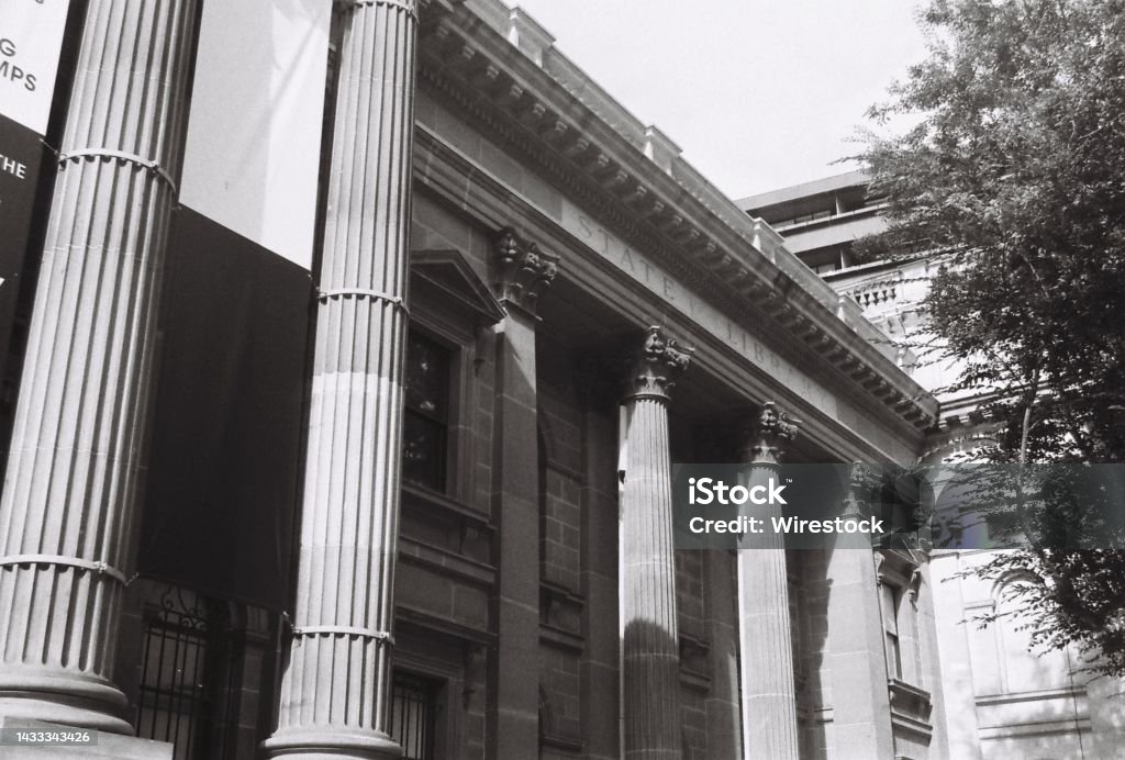 Grayscale of the State Library Victoria in Melbourne A grayscale of the State Library Victoria in Melbourne Architecture Stock Photo