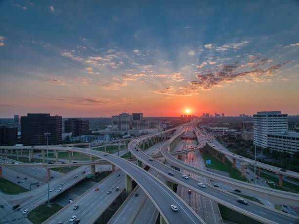 istock Drone shot over the High Five Interchange in Dallas, Texas, USA at sunset 1433343551