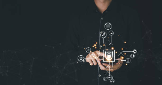 istock Businessman touching security scanning of digital programs with smartphone. Surveillance of Personal databases with Futuristic digital processing of biometric identification fingerprint scanner. 1433345422