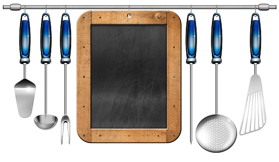 3D illustration of a set of six kitchen utensils and a blank chalkboard, hanging on a Pole and isolated on white background. Template for recipes or food menu.