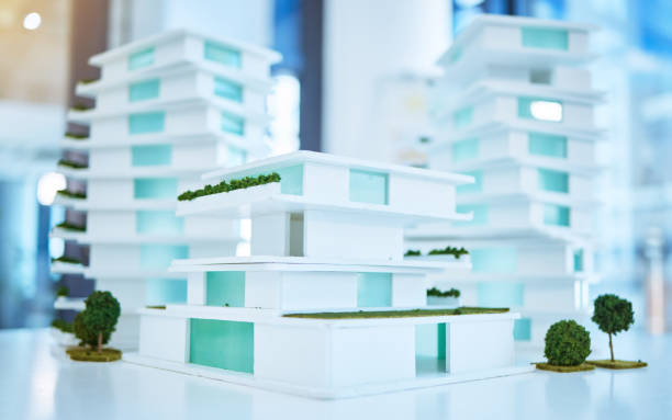 istock Architecture, design and construction site model of 3d building project management idea. Creative, innovation and vision with engineering company planning on office building space 1433347819