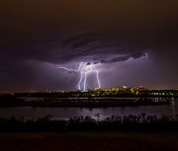 istock Dramatic view of thunderstorm over the night city 1433349060