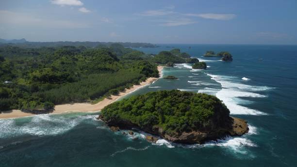istock Bird's eye view of Tanjung Penyu Mas beach covered with greenery on Java island 1433349367