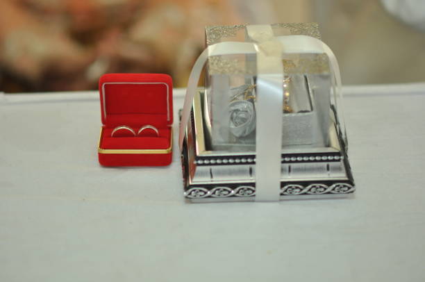 two giftboxs wedding rings on the white table background