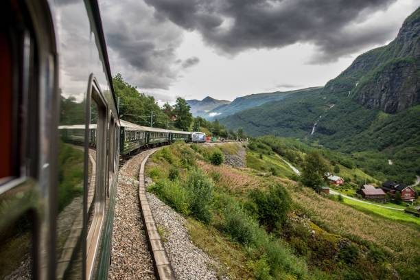 istock Train in a green mountainous area on a cloudy day 1433354346