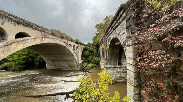 istock Stone bridges overgrown with plants under a gloomy sky 1433354813