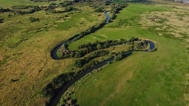 istock Drone shot  of river between green meadows and trees 1433355709