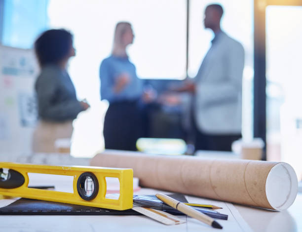istock Architecture tools, construction stationery and building planning for industrial engineering, 3d property development and industry design in a creative studio. Drawing equipment to sketch and measure 1433355913