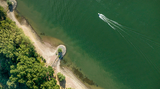 Boat on Rhine river - aerial view