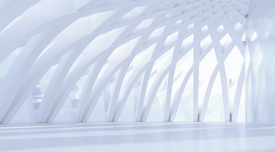 Abstract white architectural dome with bright light coming through a curved structure with arches. Striped effect with copy space.