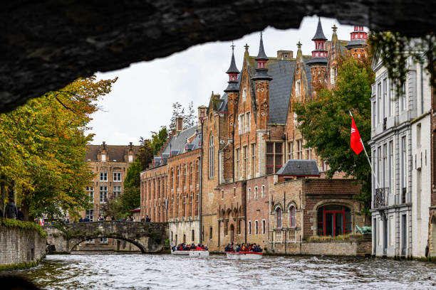 Street view of Bruges from boat stock photo
