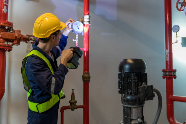 trabajo de ingeniero o técnico comprobando sistema de extinción de incendios y equipos contra incendios. el ingeniero revisó la bomba del generador rojo para las tuberías del rociador de agua y el sistema de control de alarma contra incendios - automatics fotografías e imágenes de stock