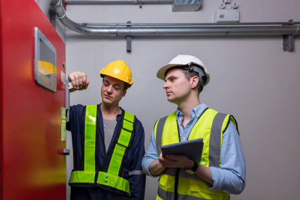 trabajo de ingeniero o técnico comprobando sistema de extinción de incendios y equipos contra incendios. el ingeniero revisó la bomba del generador rojo para las tuberías del rociador de agua y el sistema de control de alarma contra incendios - automatics fotografías e imágenes de stock