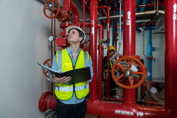 trabajo de ingeniero o técnico comprobando sistema de extinción de incendios y equipos contra incendios. el ingeniero revisó la bomba del generador rojo para las tuberías del rociador de agua y el sistema de control de alarma contra incendios - automatics fotografías e imágenes de stock