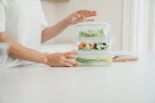 Various plastic containers for storing food and fruit