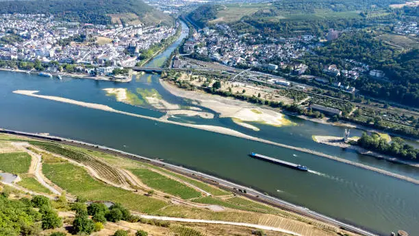 Confluence of Nahe and Rhine River at Bingen, Germany - Visible rocks and sandbars due to extraordinary low water level after a long period of drought in 2022.