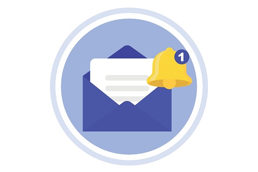 Open envelope with letter and golden alert bell. New incoming message, mail sending. Concept sending and receiving mail messages. Email message. New notification for social media reminder