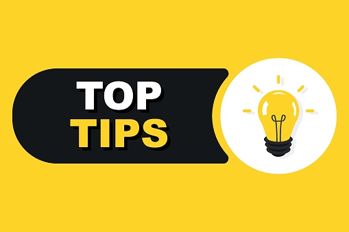 Top tips logo with light bulb, useful practical advice button. Quick tips, helpful tricks, tooltip, advice and idea for business and advertising. Banner design for business and advertising