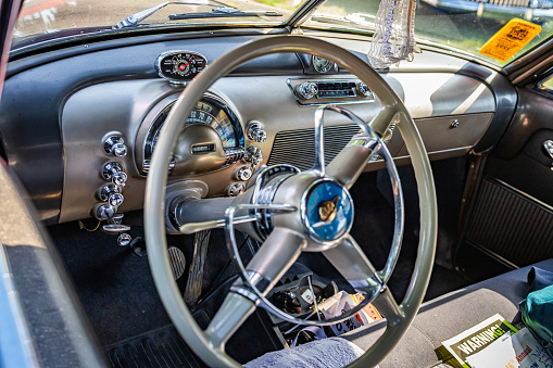 Falcon Heights, MN - June 19, 2022: Interior view of a 1949 Oldsmobile Futuramic Deluxe Sedan at a local car show.