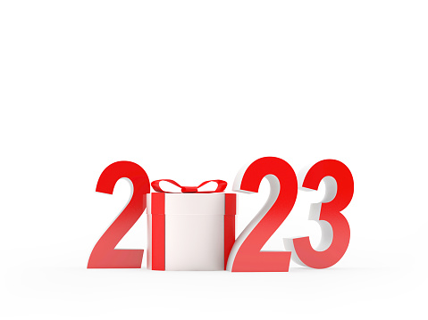 Red number 2023 with gift box isolated on white. 3D illustration