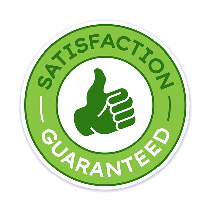 Satisfaction guaranteed thumbs up badge design element.