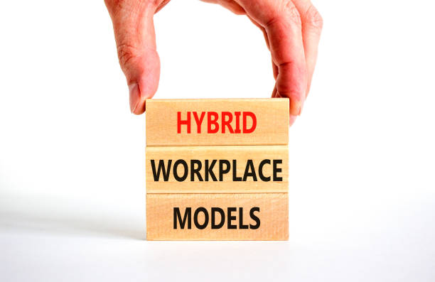 istock Hybrid workplace models symbol. Concept words Hybrid workplace models on wooden blocks. Businessman hand. Beautiful white background. Business hybrid workplace models quote concept. Copy space 1433369450