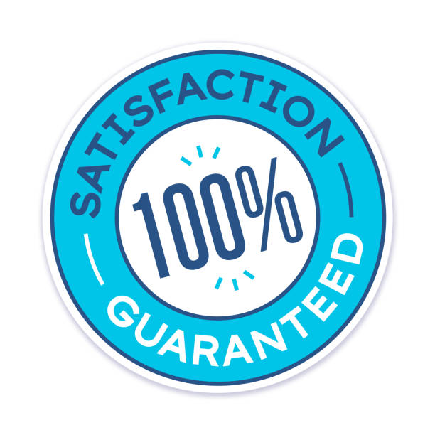 Satisfaction Guaranteed 100 percent Badge Satisfaction guaranteed 100 percent one hundred percent badge design element. reliability stock illustrations