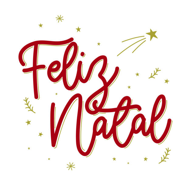 Red lettering Merry Christmas in Brazilian Portuguese with green details with shooting star. Translation - Merry Christmas. Red lettering Merry Christmas in Brazilian Portuguese with green details with shooting star. Translation - Merry Christmas. delicate arch stock illustrations