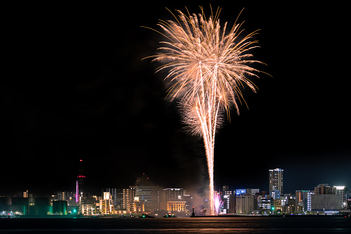 A beautiful fireworks display on the eve of the Wasshoi Million Summer Festival in Kitakyushu, Fukuoka Prefecture, Japan on August 5, 2022