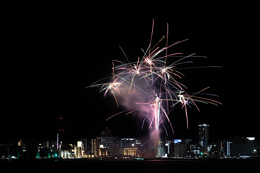 A beautiful fireworks display on the eve of the Wasshoi Million Summer Festival in Kitakyushu, Fukuoka Prefecture, Japan on August 5, 2022