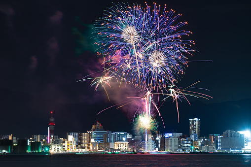 A beautiful fireworks display on the eve of the Wasshoi Million Summer Festival in Kitakyushu, Fukuoka Prefecture, Japan on August 5, 2022