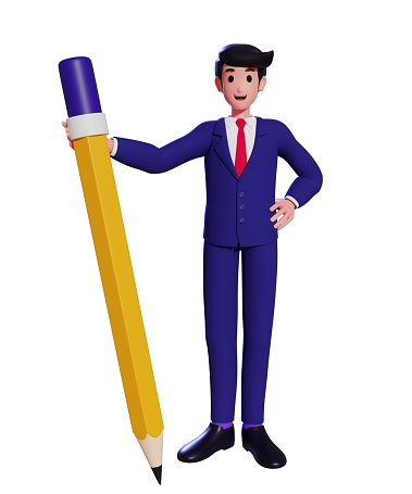 Businessman standing with a huge pencil. A man in a business suit holding a big pencil. 3d illustration