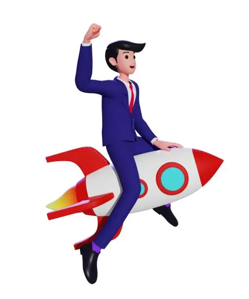 Photo of Businessman flying on a rocket up. A man in a business suit riding a rocket leads to success or a Business startup concept. 3d illustration