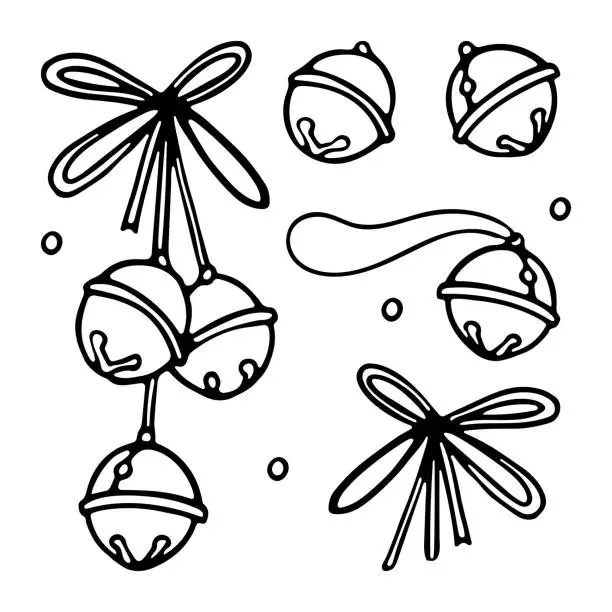 Vector illustration of Christmas Bells with ribbon bow on a white background in cartoon style Vector. Jingle Bells set hand drawn Outline linear drawing of Coloring book page for adults and children