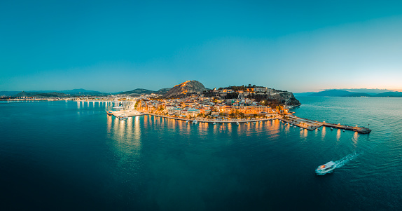 aerial panoramic photo of the town of Nafplio  in Argolida, Peloponnese, Greece at night