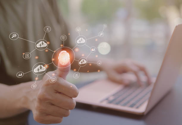 istock Businessman scanning fingerprints for access cloud. Digital transformation change management, internet of things. technology bigdata and business process strategy, automate operation, cloud computing, 1433374500